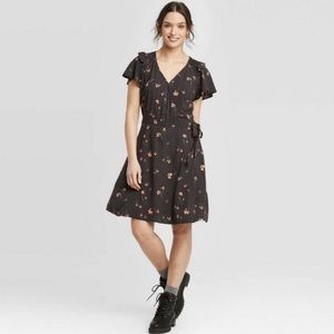 Universal Thread off black wrap dress with orange flower details size M